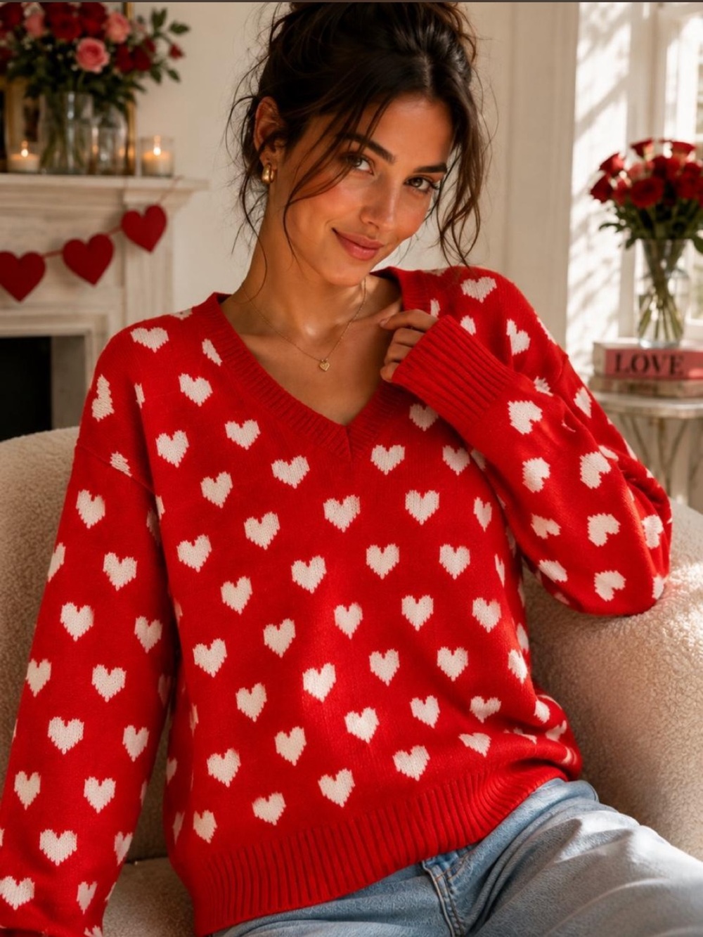 Cece Red Heart V-Neck Sweater